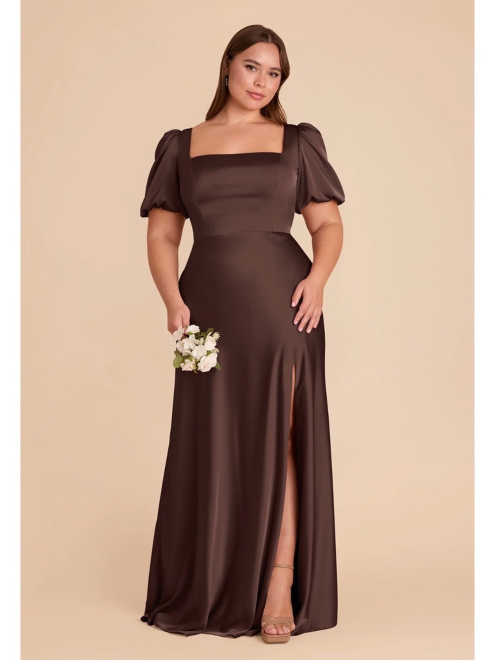Birdy Grey Satin Square-Neck Puff Sleeve Maxi Dress in Chocolate